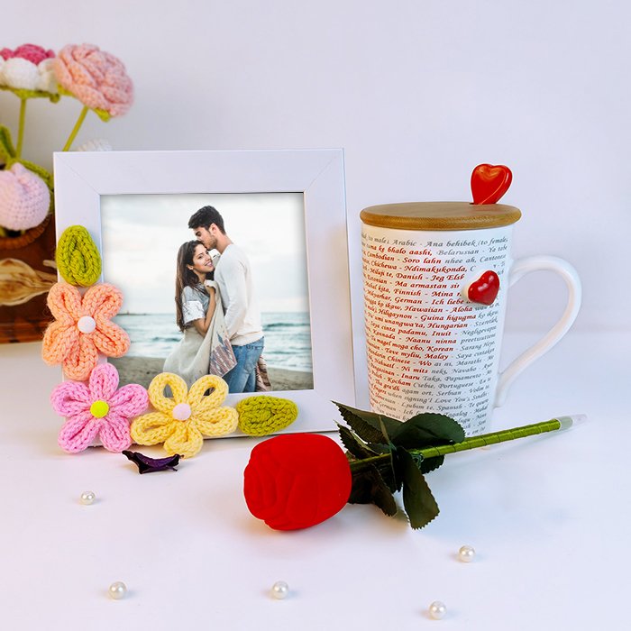 Valentine’s Day Gift Box with Red Rose, Personalized Crochet Frame & Mug-Giftii
